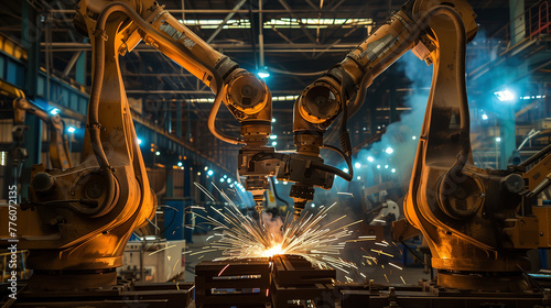 A robot is working on a piece of metal, surrounded by sparks. The scene is industrial and mechanical, with the robot being the main focus