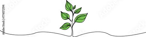 Growing sprout one line art .Vector silhouette of growing green plant. Hand drawn green leaf. Growing sprout plant continuous line .Plant with roots single line.