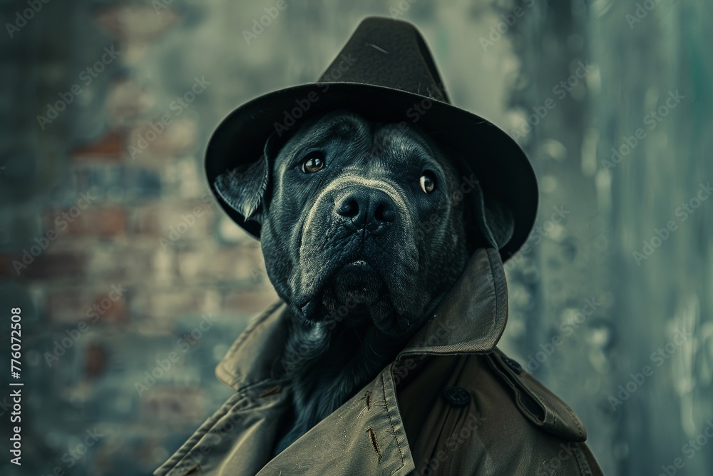 Dog Detective, a dog wearing a trench coat and fedora, investigating a mystery , sci-fi tone - obrazy, fototapety, plakaty 