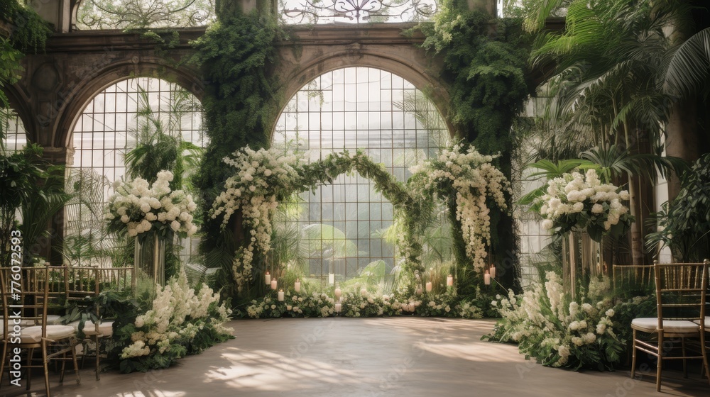 Elegant wedding ceremony amidst lush greenery and floral decor Elegant wedding ceremony amidst lush greenery and floral decor