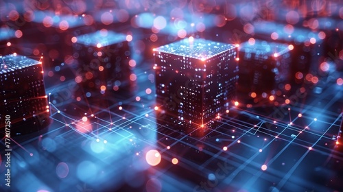 Data blocks in cyberspace. Fintech computer isometric conceptual background. Blockchain network abstract illustration. Block chain technology represented by digital cubes.