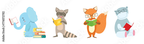 Funny Animal Character Read Book and Interesting Literature Vector Set