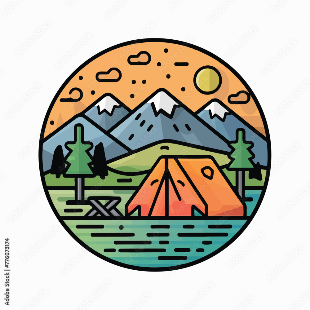 A captivating illustration of a serene mountain morning, featuring a picturesque campsite nestled in a lush, green valley. The scene is framed by towering, snow-capped peaks that stretch into the sky. - obrazy, fototapety, plakaty 