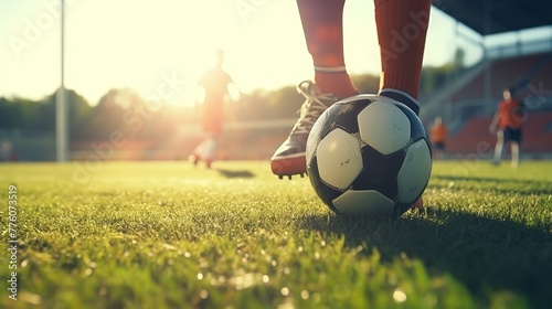 Soccer player steps on soccer ball for kick off in sunny stadium
