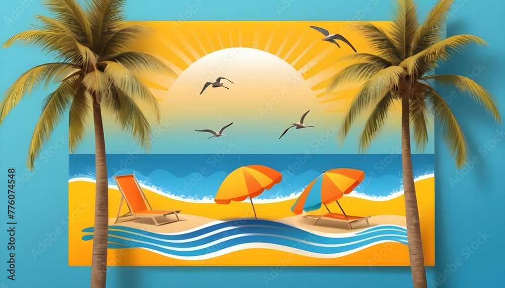 A beautiful summer poster with ocean palm trees and birds around sunset view 