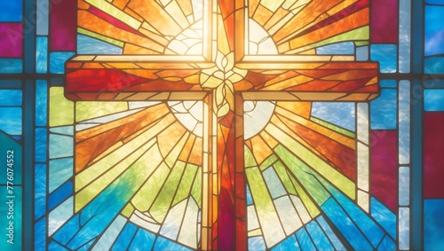 Stained glass window in church with cross