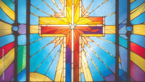Stained glass window with cross. Catholic cross symbol.