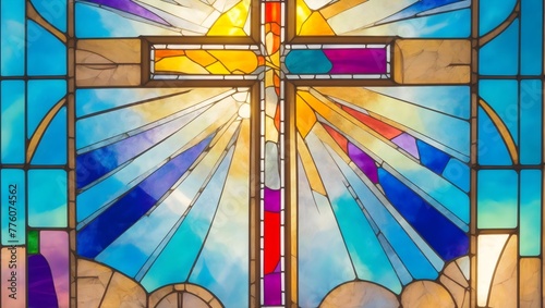 Catholic cross symbol. Stained glass window with cross.