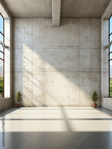 A large empty room with a window and two potted plants