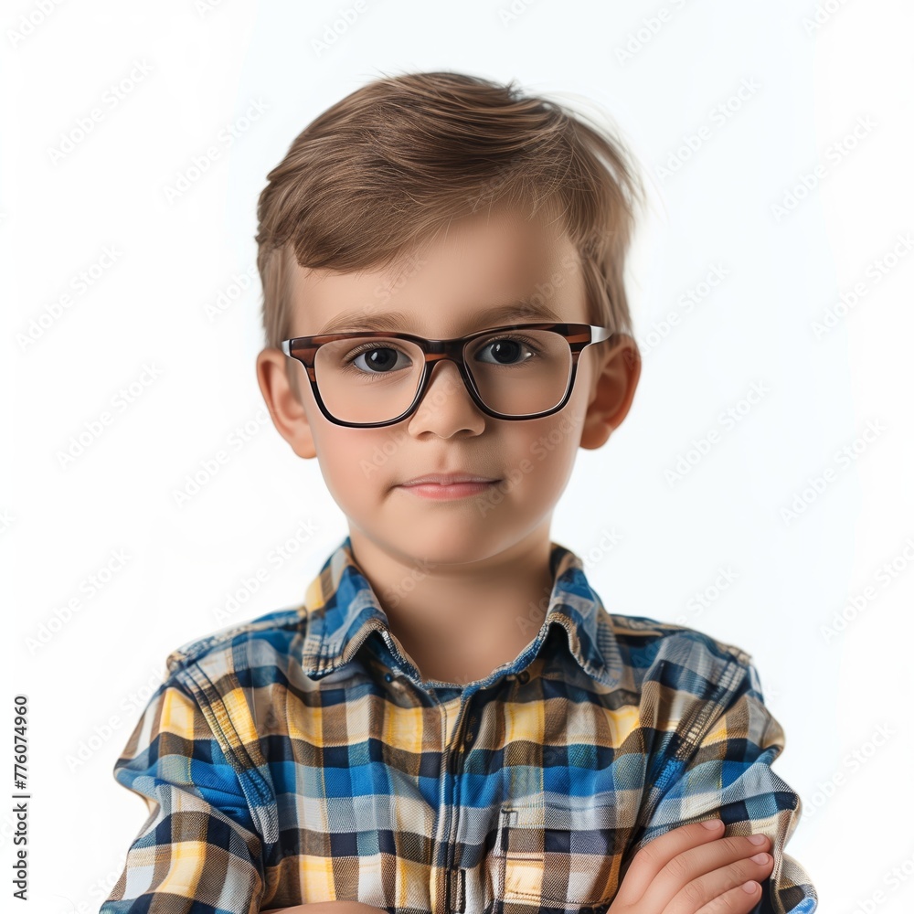 Boy with glasses in plaid blue shirt