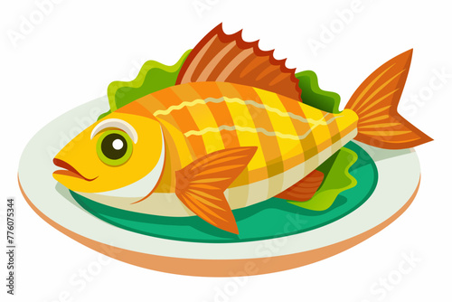 fried fish on the dish vector illustration