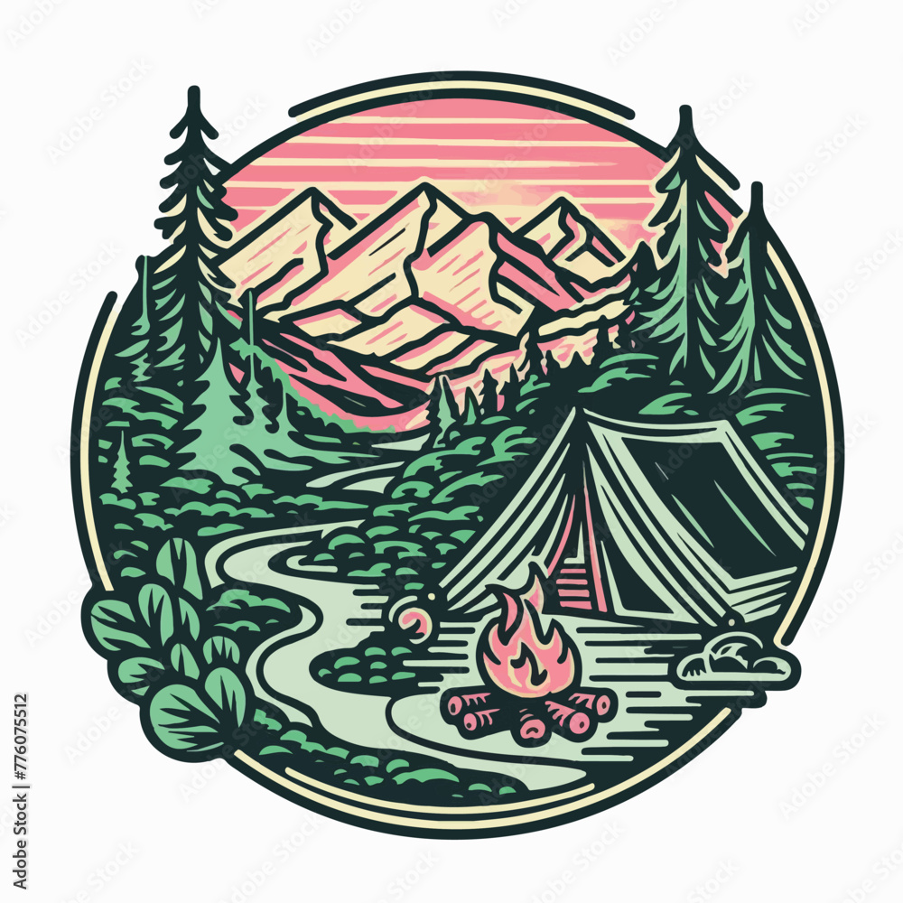 A captivating illustration of a serene mountain morning, featuring a picturesque campsite nestled in a lush, green valley. The scene is framed by towering, snow-capped peaks that stretch into the sky.
