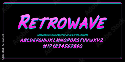 Retro Font Type in Synth wave and Retro wave style video games. Retrofuturistic neon font type alphabet with numbers of the 80s - 90s. Synth wave and Retro wave neon frame. Perfect vector template