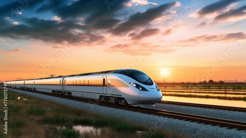 Fast moving modern high speed train in flat landscape at sunset 