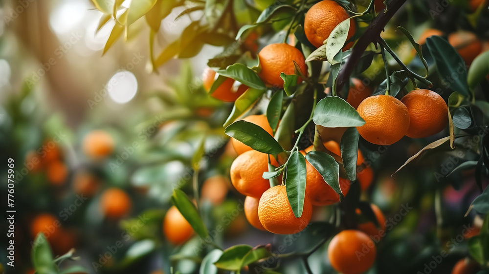 Ripe and vibrant oranges clustered on a tree, with sunlight filtering through the leaves, showcasing the freshness of homegrown fruit.
