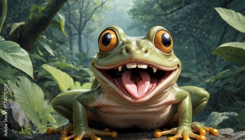 A delighted green frog with wide eyes poses joyfully in a vibrant forest setting  conveying a sense of wildlife whimsy and natural beauty.