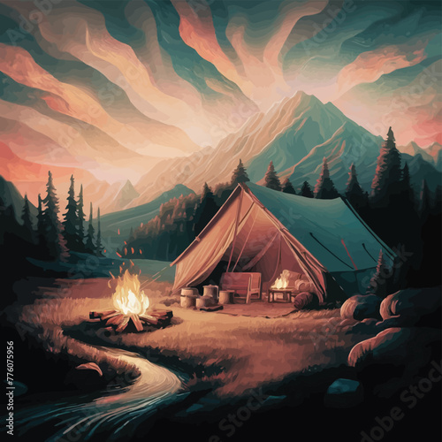 A captivating illustration of a serene mountain morning  featuring a picturesque campsite nestled in a lush  green valley. The scene is framed by towering  snow-capped peaks that stretch into the sky.