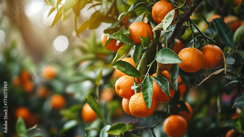 Ripe and vibrant oranges clustered on a tree, with sunlight filtering through the leaves, showcasing the freshness of homegrown fruit.
 photo