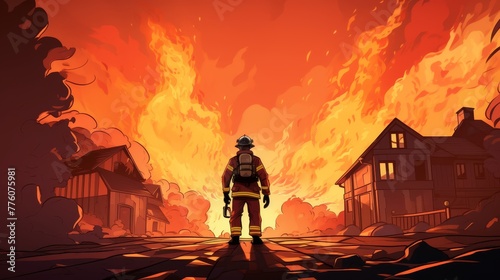 Firefighter walking into a giant fire in an urban area