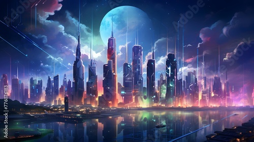 Futuristic city panorama at night with full moon and neon lights