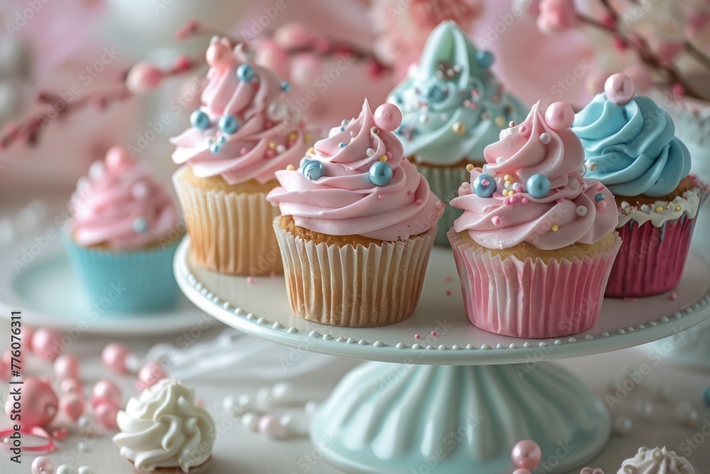 cupcakes and muffins close-up in pastel tones, festive dessert arrangement for a wedding or birthday party.