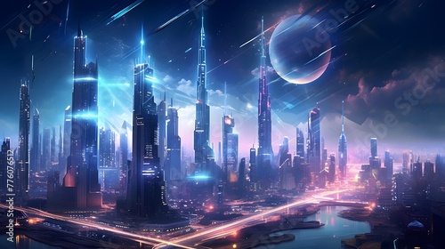 Futuristic city panorama with neon lights and skyscrapers