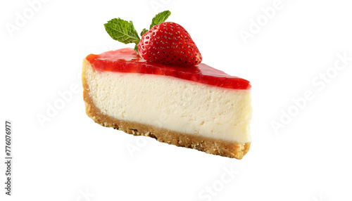 Strawberry cheesecake slice on a plate, isolated on a transparent background.