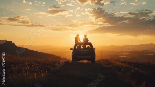 A joyful family taking a break on their road trip, sitting on the hood of their car, watching the sunset over a majestic landscape, Generative AI
