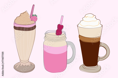 Three distinct beverages lined up in a straight row. Each drink is uniquely different in color, size, and type
