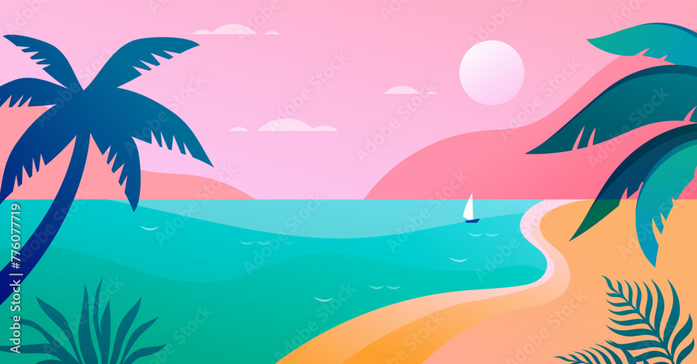 Summer and Travel concept design. Beautiful nature palm leaf on tropical beach landscape, panoramic view, with sun light abstract background with copy space. Vector design