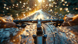 First-person view of mountain biking adventure through a forest with a refreshing splash of water.
