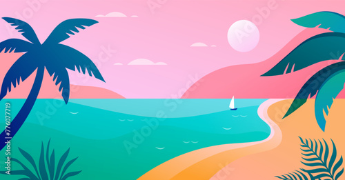 Summer and Travel concept design. Beautiful nature palm leaf on tropical beach landscape, panoramic view, with sun light abstract background with copy space. Vector design