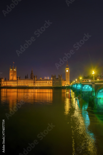 A view of the Westminster Bridge, Big Ben and the houses of Parliament, London, UK in the evening.