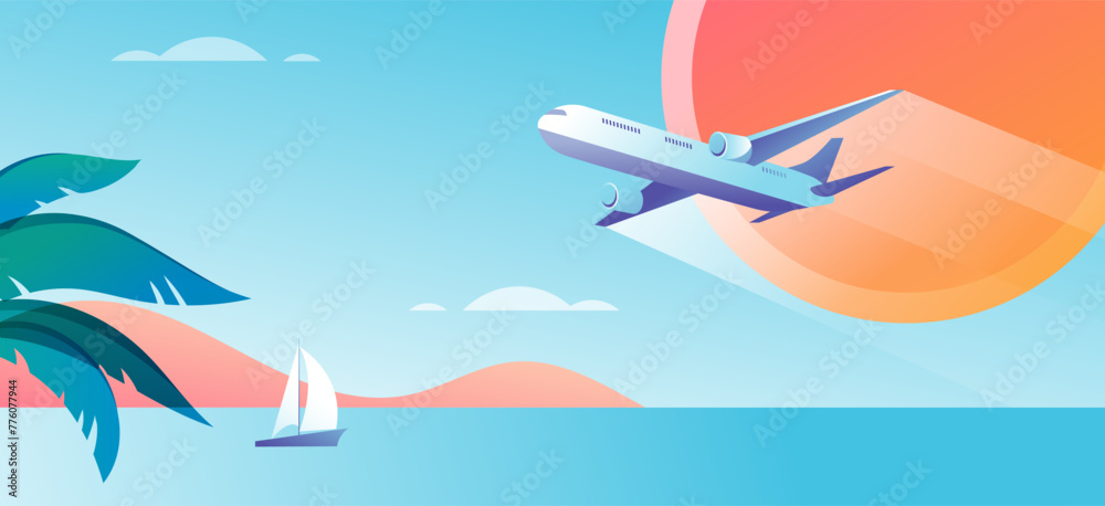 Summer and Travel concept design. Beautiful nature palm leaf on tropical beach landscape, panoramic view, with flying plane. Abstract background with copy space. Vector design Summer and Travel concept design. Beautiful nature palm leaf on tropical beach landscape, panoramic view, with flying plane. Abstract background with copy space. Vector design