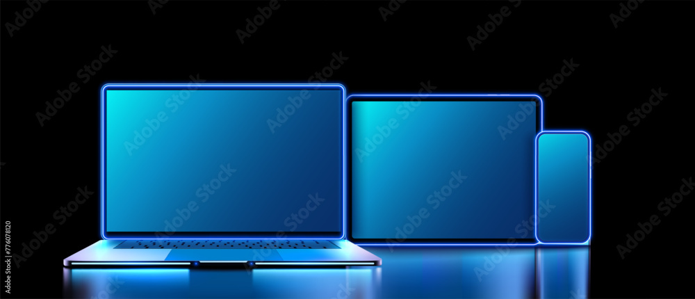 Sleek Gadgets with Neon Glows: Laptop, Tablet, and Smartphone. Elegant and modern electronic devices with vibrant neon outlines stand against a dark background, showcasing cutting-edge technology - obrazy, fototapety, plakaty 