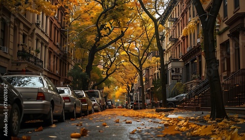 Autumn Cityscape, Streets Lined with Deciduous Trees, Blanketed in Fallen Leaves