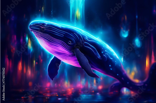 A fabulous whale with a neon light. Dark background. AI