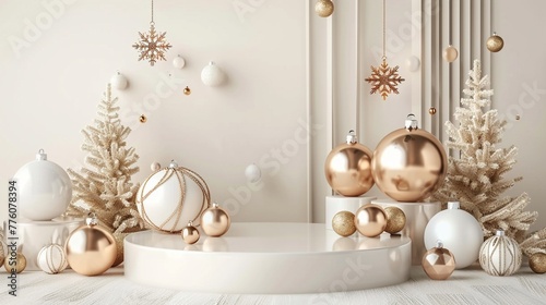 Gold and White Shiny Christmas Decorative Items on White Stage Mock-Up