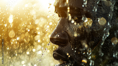A powerful close-up shot of a man with sun-kissed water droplets on his face, conveying intensity and emotion.