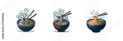 Set of Hot ramen or pho noodle soup bowl with chopsticks and smoke illustration, isolated over on transparent white background © Mithun