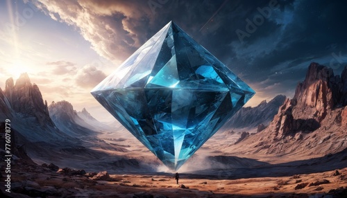 A colossal blue crystal hovers above a barren desert, dwarfing a lone observer amidst towering rock formations under a dramatic sky.