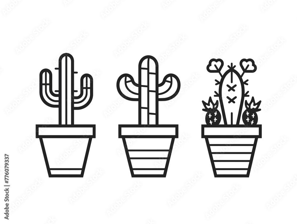 Potted cactus are lined up in a row. The potted plants are of different sizes and are placed in individual pots Potted cactus are lined up in a row. The potted plants are of different sizes and are placed in individual pots