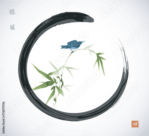 Ink painting of little blue bird on green bamboo branch in black enso zen circle. Traditional oriental ink painting sumi-e, u-sin, go-hua. Hieroglyphs - zen, wind in the spring foliage. © elinacious