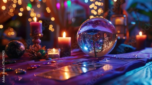 Table with crystal ball and candels, card reading and divination, occult table photo