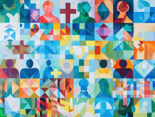 A colorful collage of people and symbols, including a cross, a star, and a heart