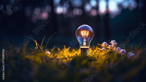 Inspirational Concept : Glowing Solitude - Lightbulb on Twilight Ground