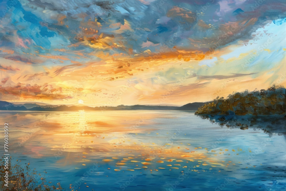 A painting of a sunset over a lake with a reflection of the sun on the water. The mood of the painting is serene and peaceful
