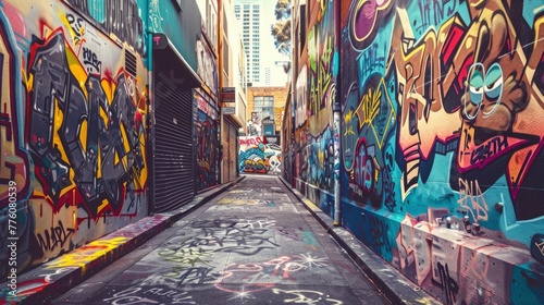 A graffiti covered alleyway with a graffiti covered wall on the right. The alleyway is narrow and has a lot of graffiti on the walls