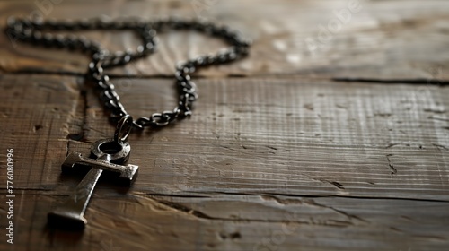 ankh pendant and chain necklace on old rustic wooden table.  photo