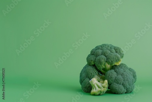 Pile of broccoli isolated on green background with copy space, minimal concept photography 